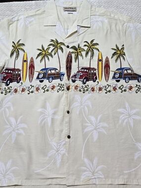 Blue Hawaii 100% Cotton Classic Cars Wagons Surf Board Print Made In Hawaii 2XL